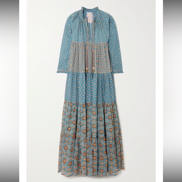 white christmas dresses Yvonne S Tiered Maxi Dress Light Blue Floral Print Cotton Voile Size M –  Celebrity Owned main image 1